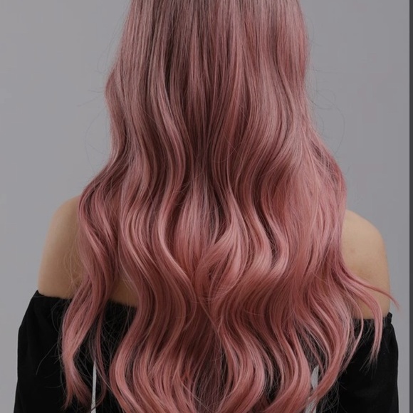 Long Wavy Pastel Pink Wig with Bangs and Gradient Color - Picture 2 of 3